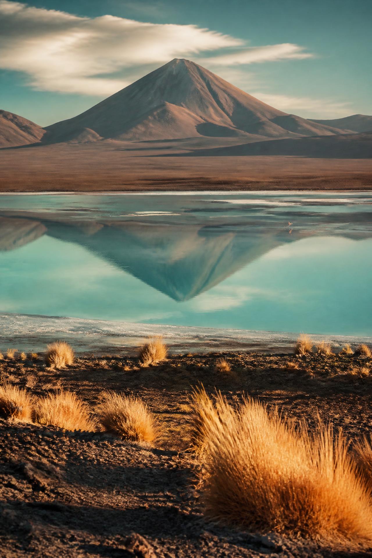 Lagoa altiplânica refletindo um vulcão, com águas turquesa e flamingos ao fundo