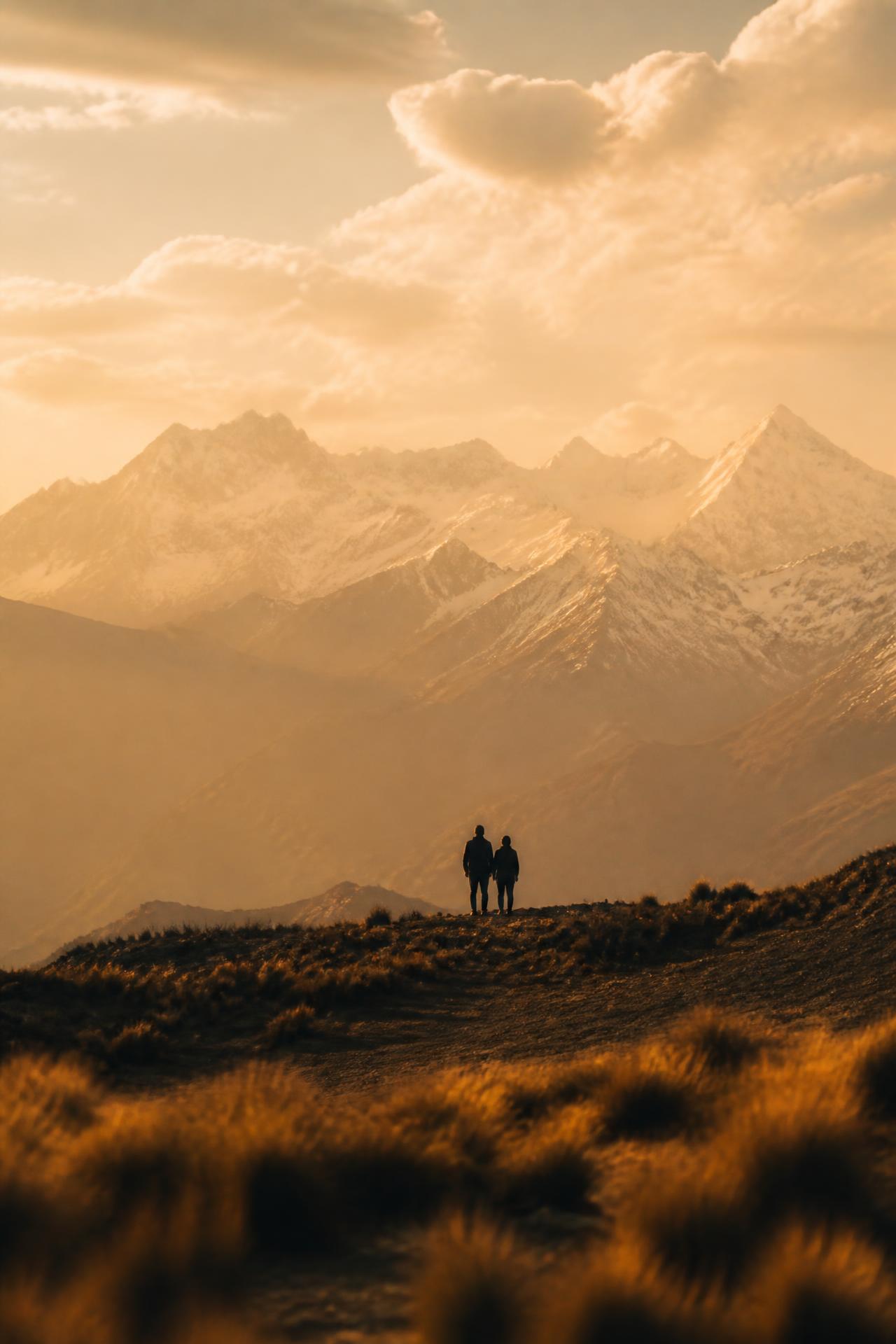 Silhueta de um casal contemplando a Cordilheira dos Andes sob luz dourada