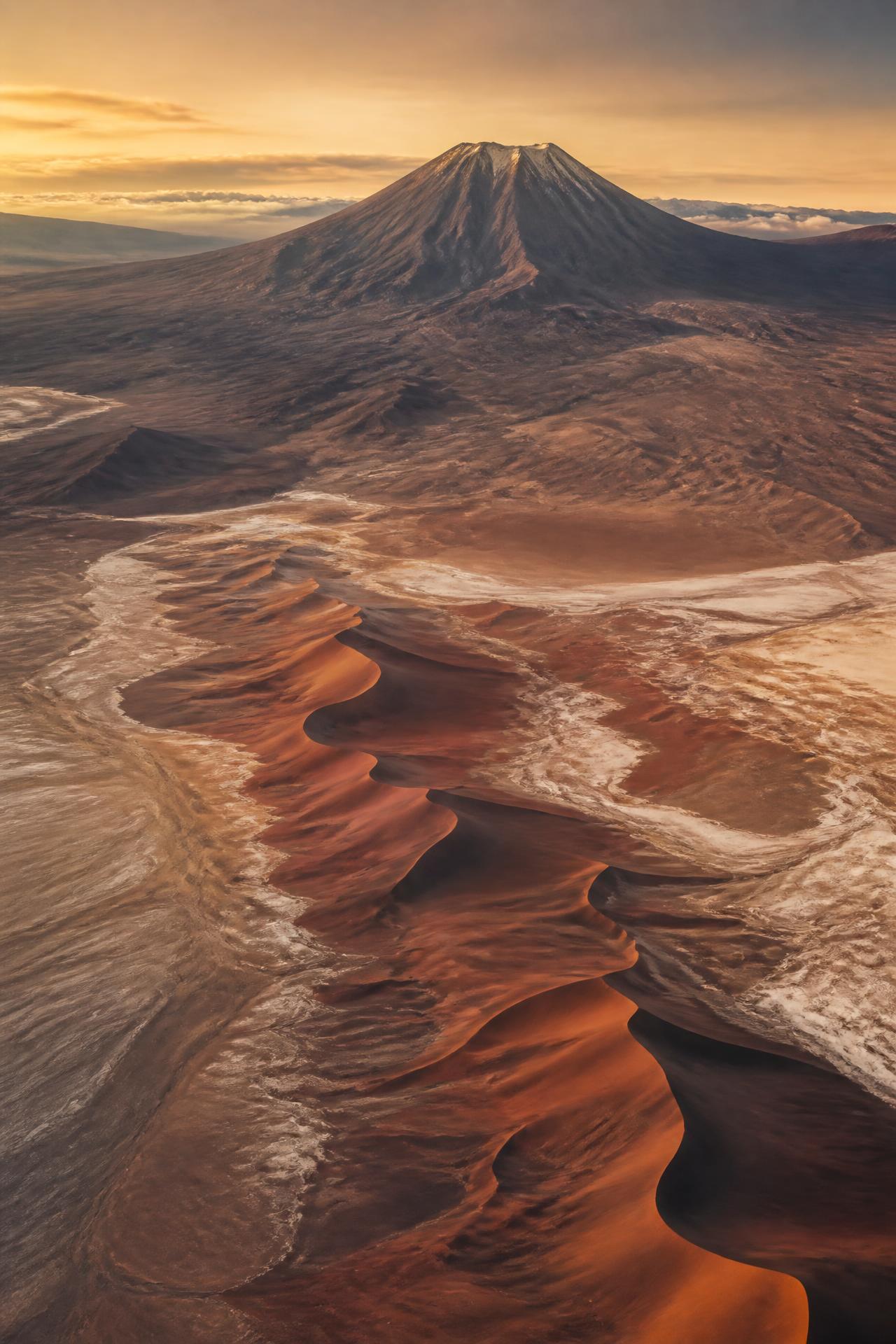 Vista aérea do deserto do Atacama com dunas avermelhadas e um vulcão ao fundo em tons dourados