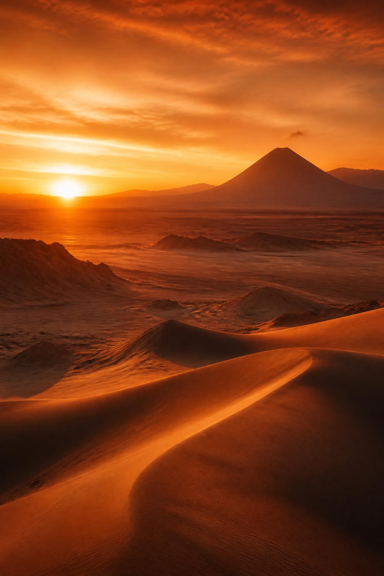Pôr do sol alaranjado sobre o deserto do Atacama com a silhueta de um vulcão