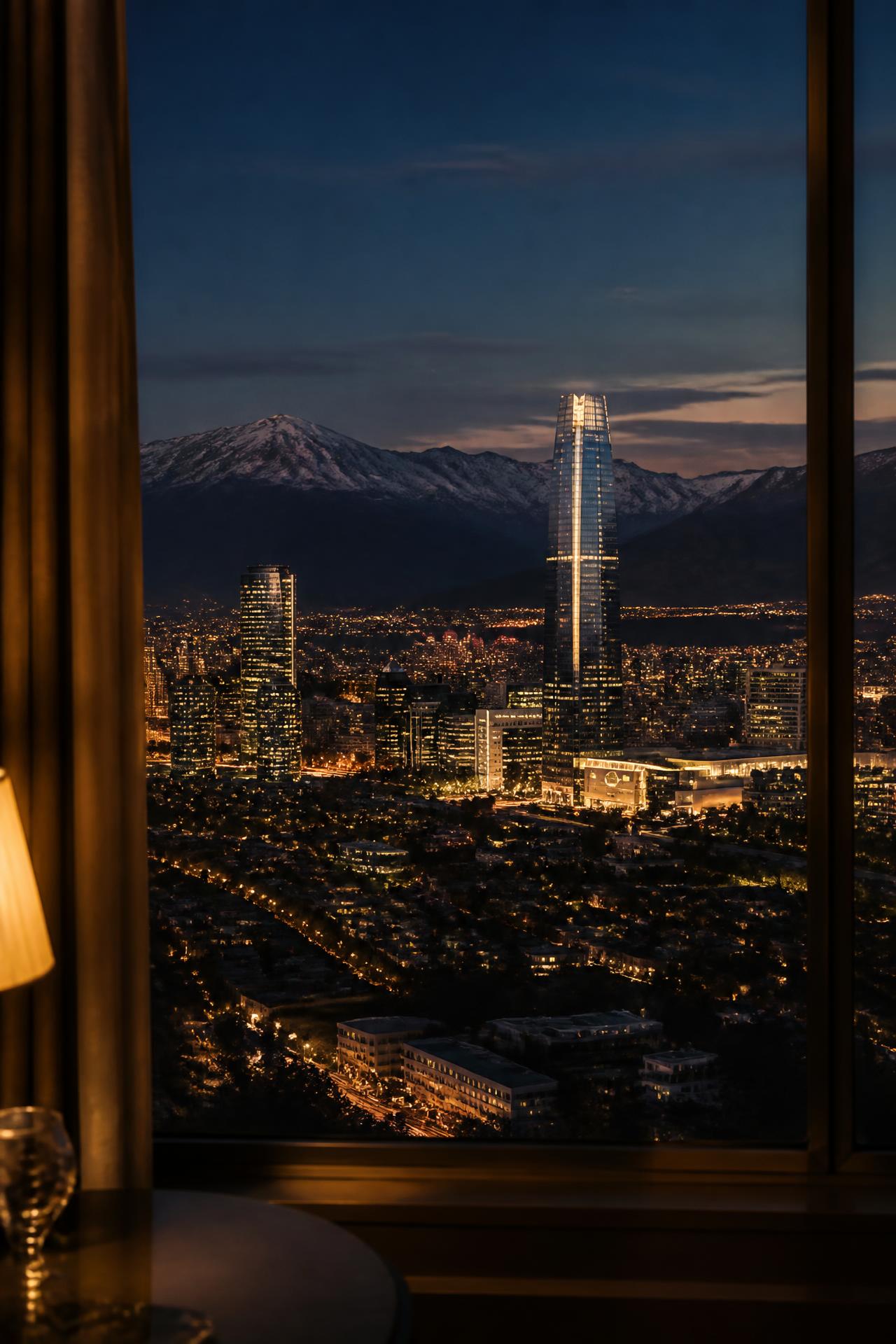 Vista noturna de Santiago do Chile a partir de uma janela, com luzes douradas da cidade e os Andes ao fundo