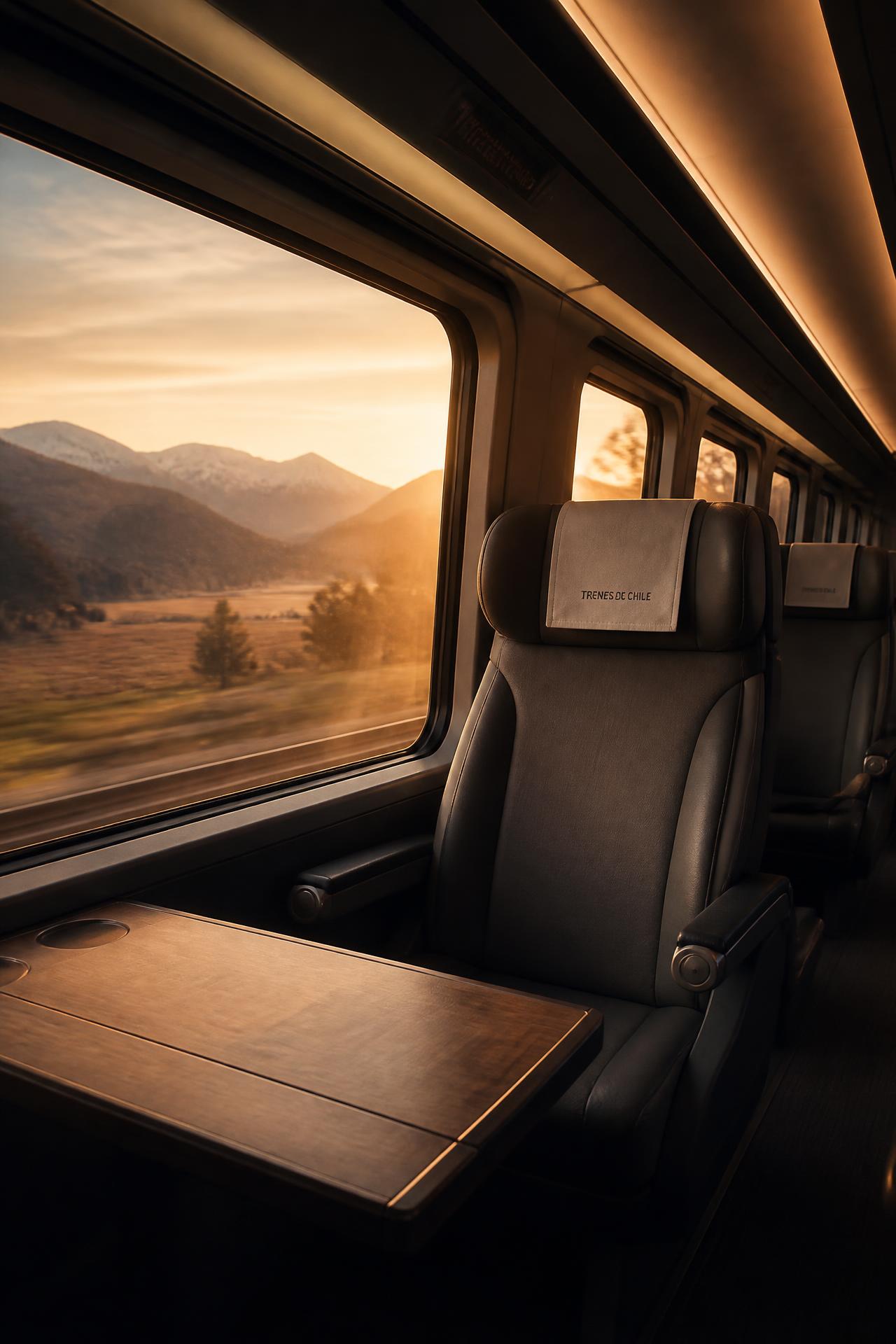 Interior de um trem moderno pela manhã, com luz suave entrando pela janela e a paisagem passando