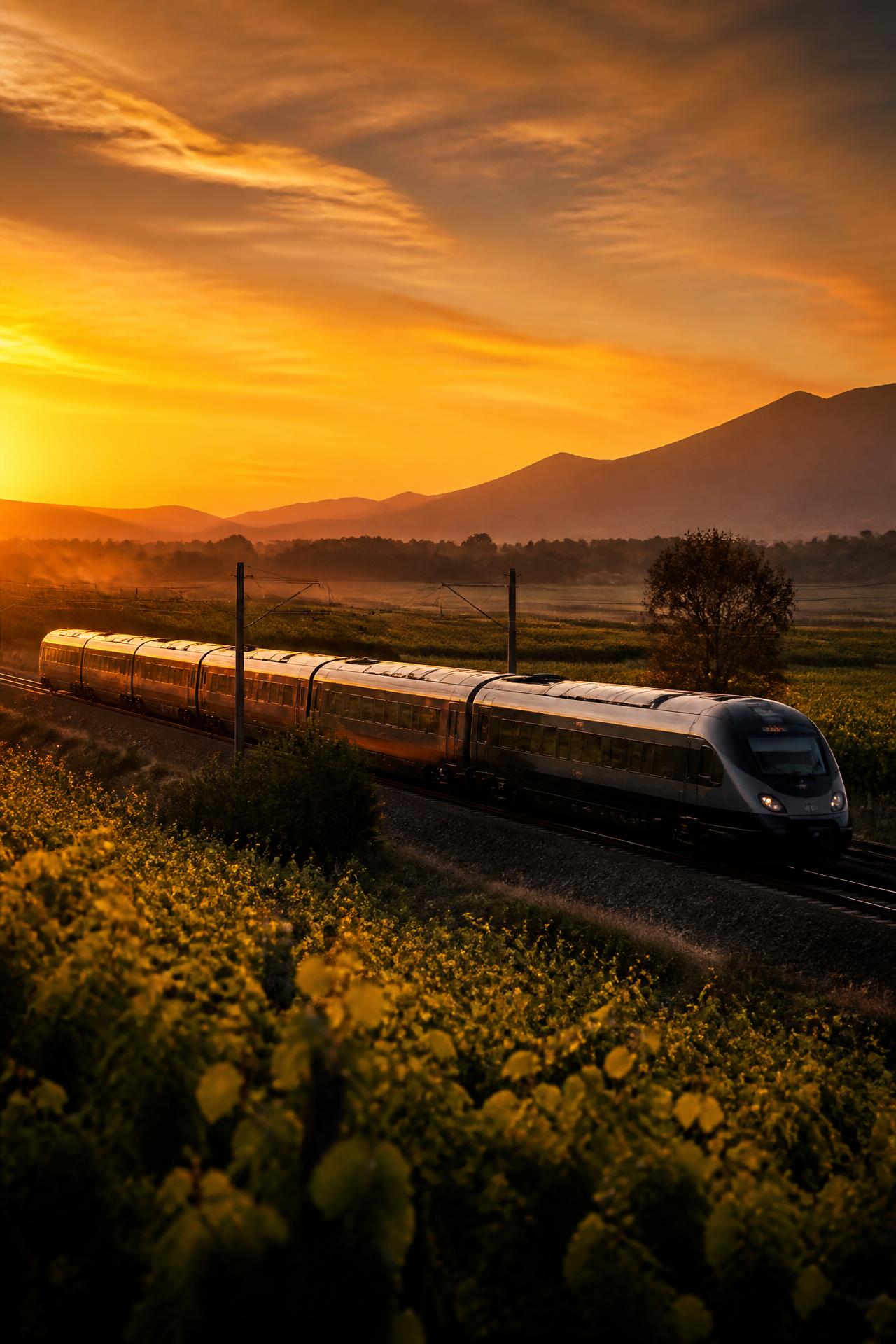 Trem moderno cruzando a paisagem rural chilena, entre vinhedos e montanhas
